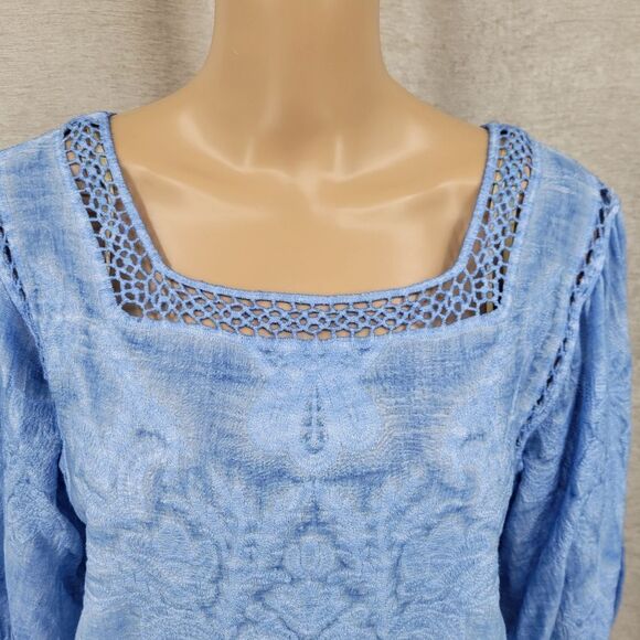 Democracy Bonnet Sleeve Square Crochet Neck Mineral Wash Peplum Woven Top - Picture 3 of 14